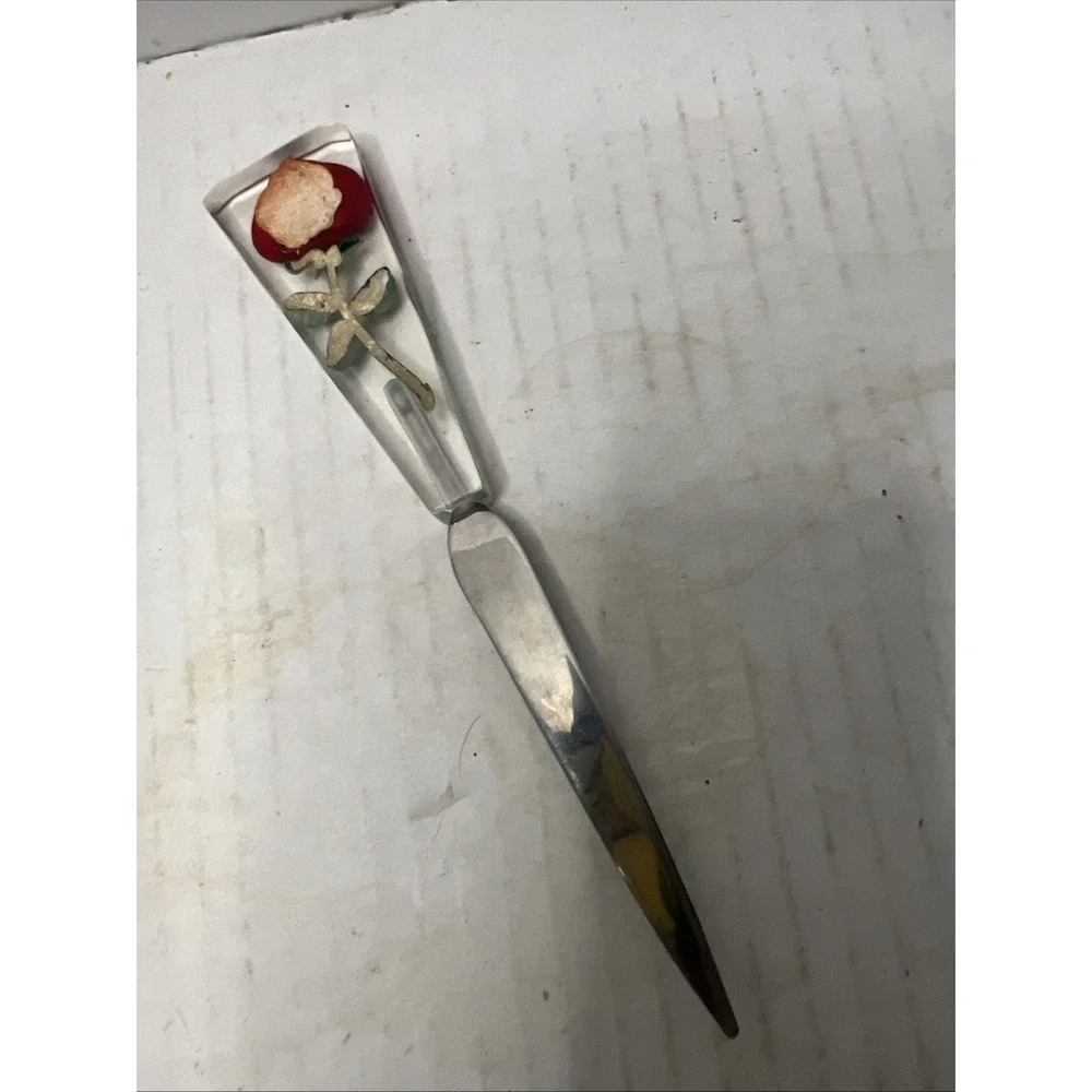Vintage Lucite Rose Letter Opener Steel Floral Handle USA Desk Office